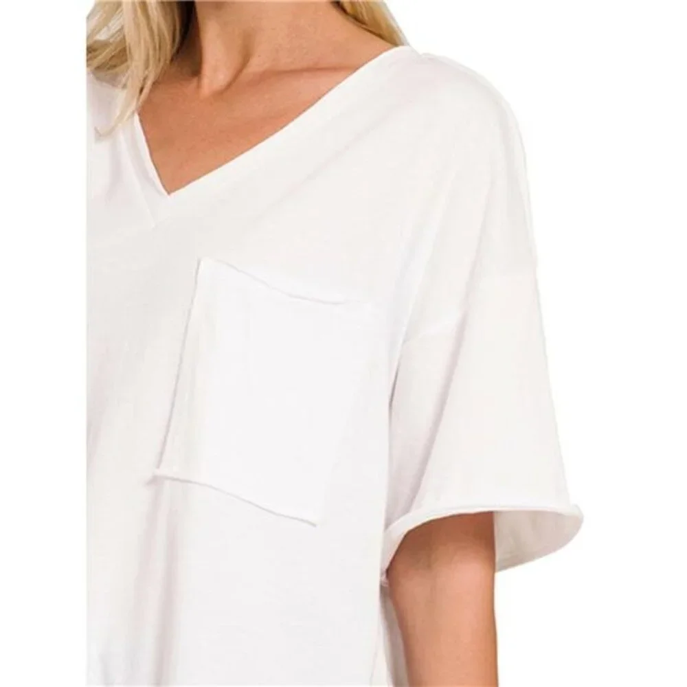 Zenana Front Pocket Raw Edge Boyfriend Tee - Picture 2 of 3